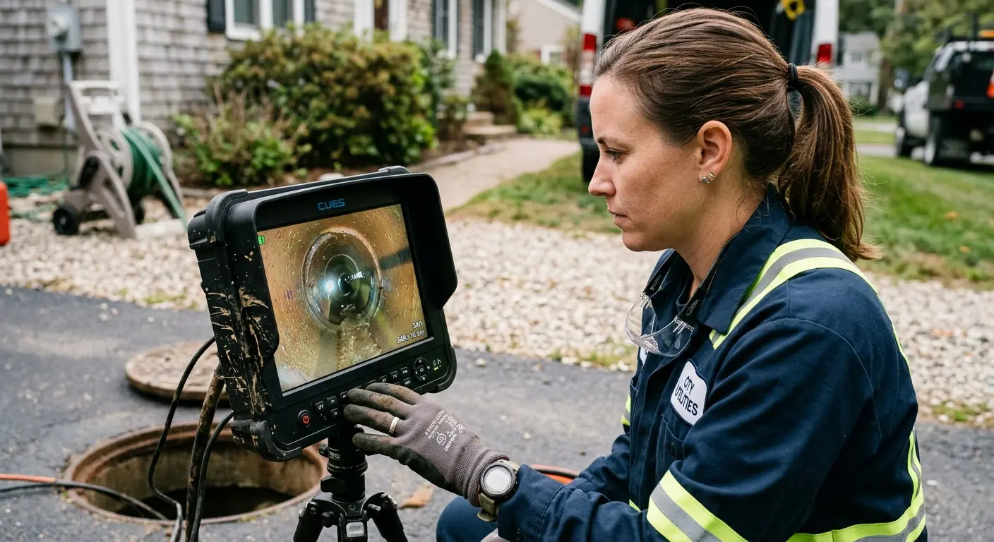 Technician reviewing sewer camera inspection footage in Bowleys Quarters