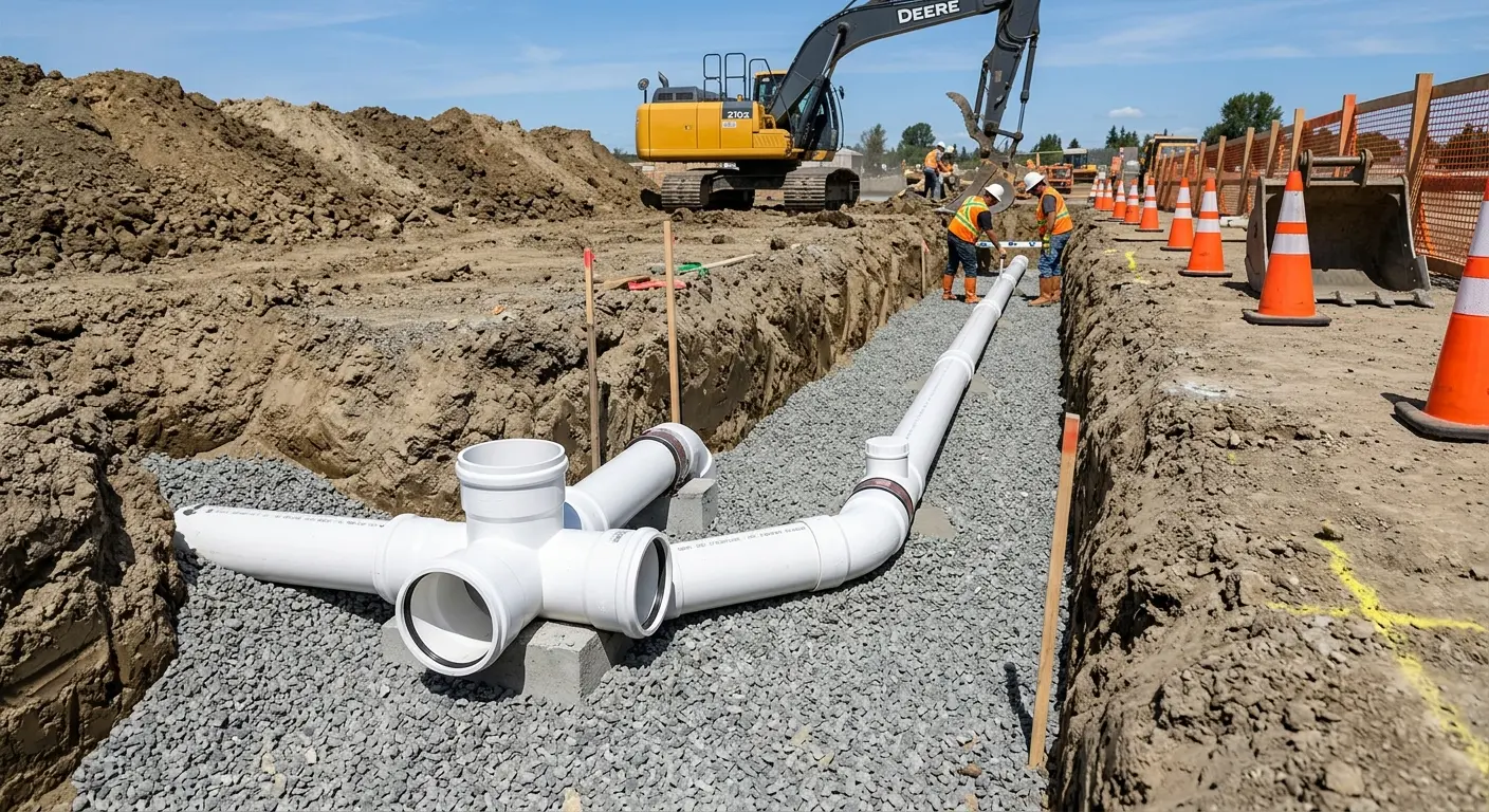New PVC sewer pipe installation in open trench for Commercial Drain Cleaning in Bowleys Quarters