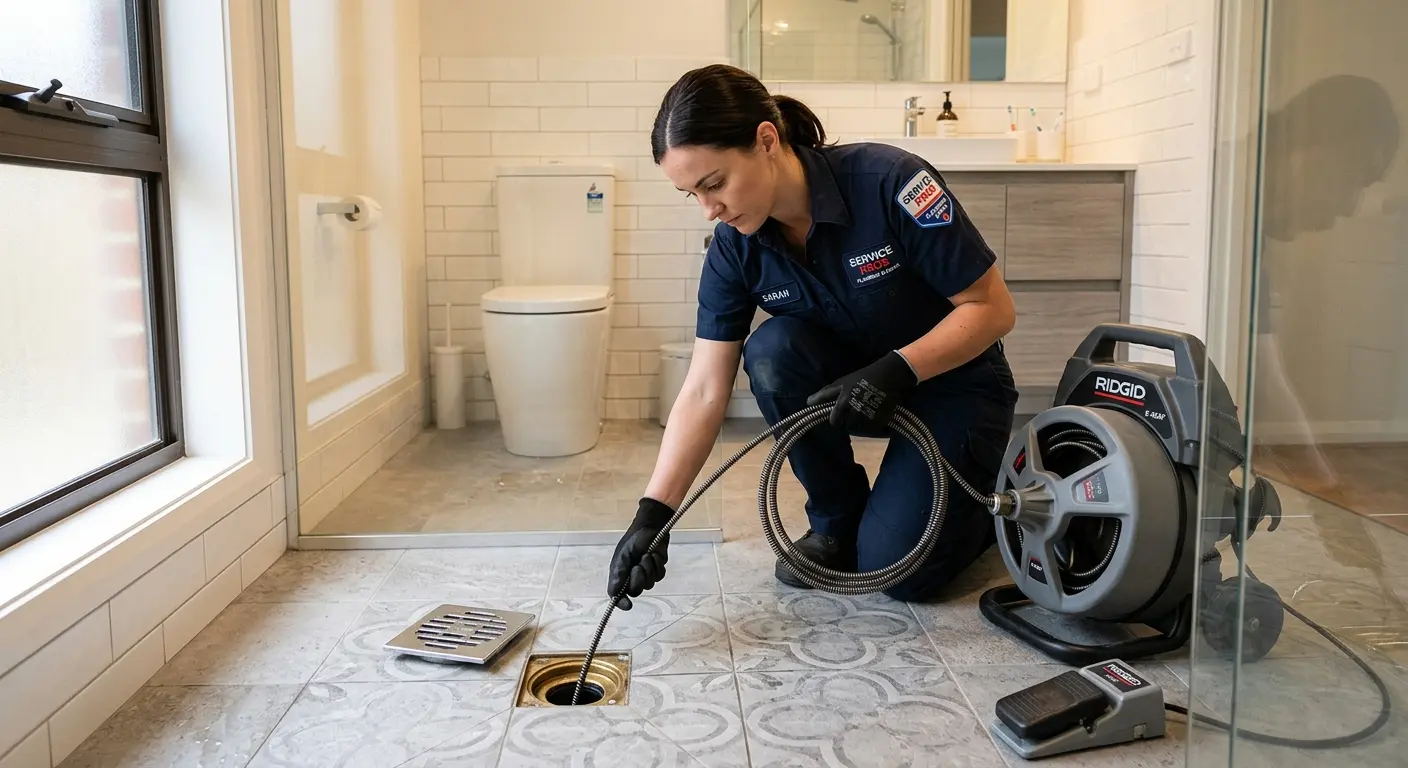 Technician clearing a bathroom floor drain for Drain Cleaning in Bowleys Quarters